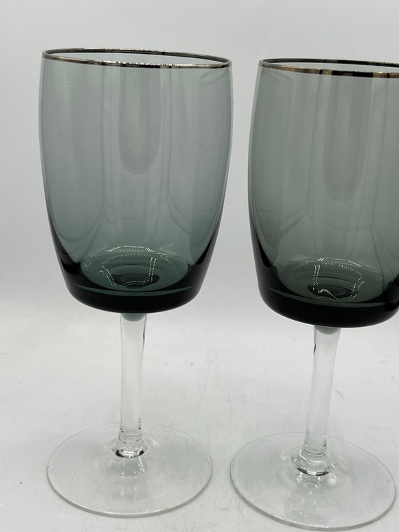 Set of 2 Small Square Wine Glasses Grey Bowl / Clear Stem / Platinum Rim  Very Beautiful -  Norway