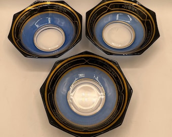 Vintage Czech Art Deco Glass Bowls - Periwinkle Blue, Black & Gold - Set of 3
