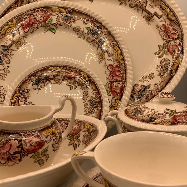 Vintage Johnson Brothers Devonshire Brown Multicolor Pattern - Dinnerware Set - Pieces Sold Individually - Great Pattern!!  Swirl Edged