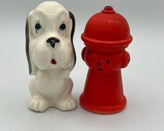 Vintage Trimont Puppy Dog Fire Hydrant Salt Pepper Shaker Set Japan White Red