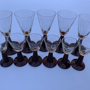 Vintage Cordial Glasses - Adorable and More Adorable!!! - Clear with Twisted Dark Red Stem
