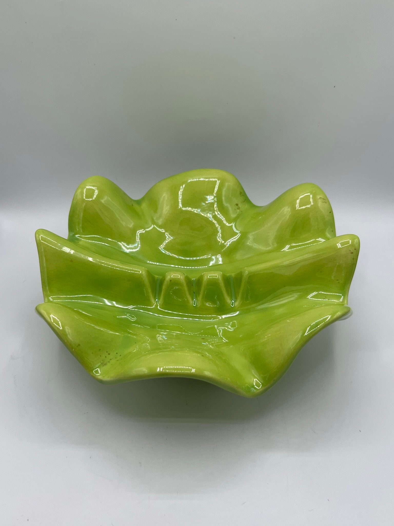 Mid Century Lime Green Drip Glaze Ashtray - Round Ceramic Design