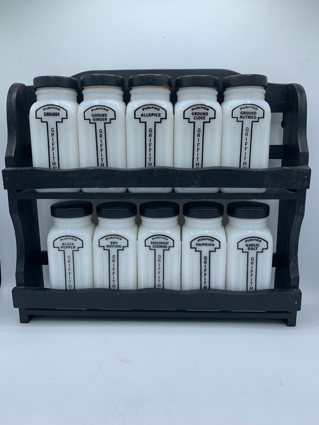 Vintage 19391940s Griffiths Spice Jar Set With Spice Rack Great