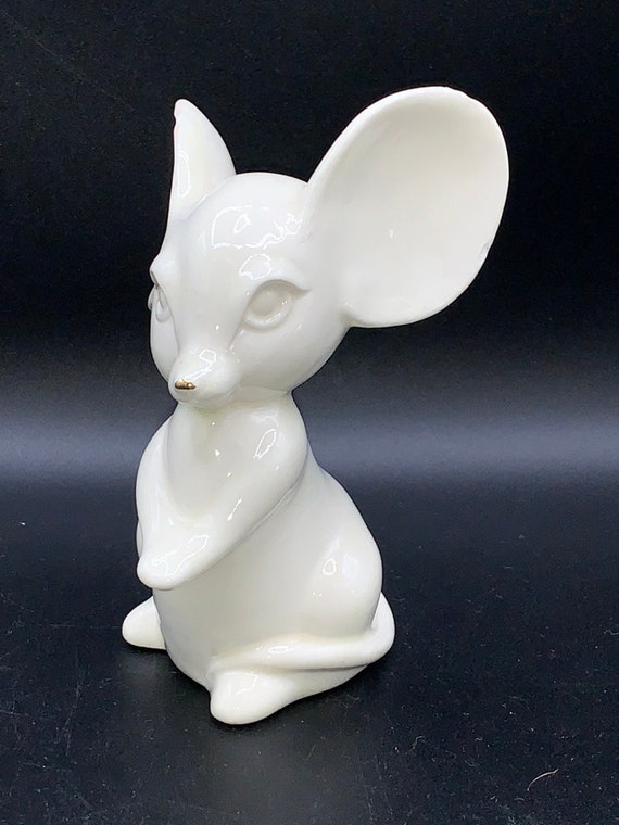 Figurine Vintage Souris Dans Un Chou - Céramique Grise Et Verte - Déco Rétro