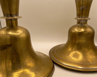Vintage Brass Candlestick Holders - Set of Two - Bell Shaped - Etched