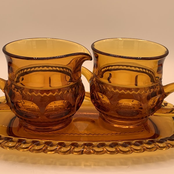 Indiana Glass KINGS CROWN Pattern Amber Sugar and Creamer Set on Glass Tray - Art Deco Style