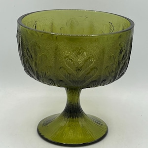 Vintage Indiana Glass Avocado Green - Oak Leaf Design - Footed Bowl - Compote Dish - Circa 1978