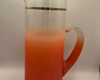 Vintage Blendo Glass Pitcher: Ombre Coral with Gold Trim, MCM Barware