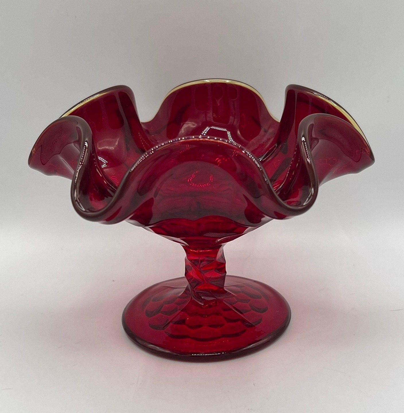 Vintage Fenton Red Glass Candy Dish: Double Thumbprint, Fluted Rim - Etsy
