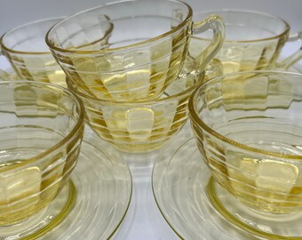 Wonderful Yellow Glass Cup and Saucers - Optic Block Design!  So Pretty!!