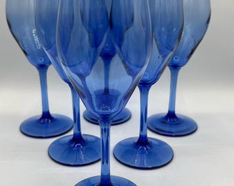 Vintage Bright Blue Wine Glasses - Mid Century Hand Blown Stemware - Set Of 6