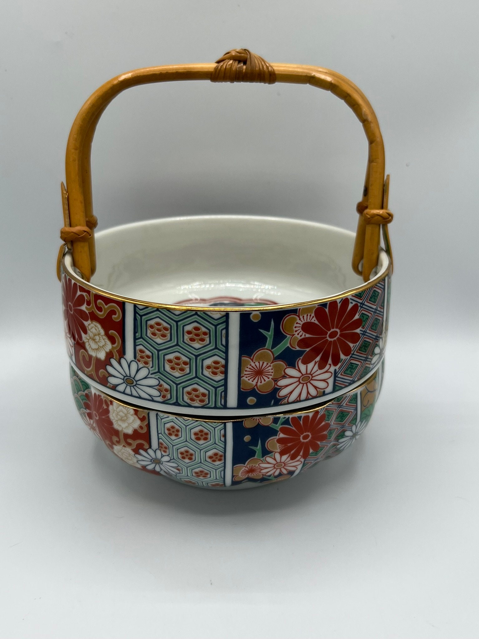 Charming Vintage Ceramic Porcelain Stacking Box Set Collectible OMC  Japanese Round Tiered Box Stackable Box Bento Box Imari Design 