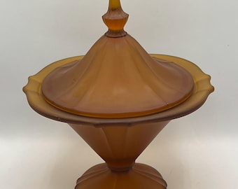Plato vintage para dulces de vidrio esmerilado ámbar con tapa (23 cm)