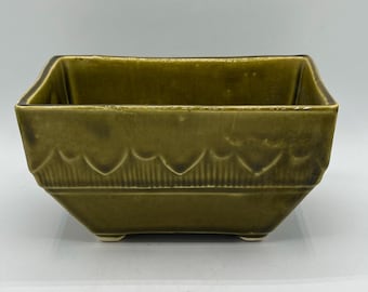 Vintage Olive Green Ceramic Footed Planter: Asian Flair Decor