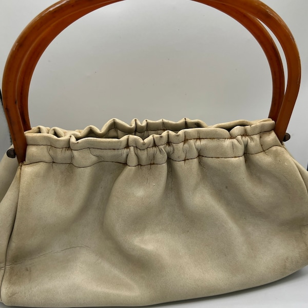 Great Vintage Taupe Boho Style Purse with BakeLite Handles - Great Design!  Contemporary Yet Vintage!!