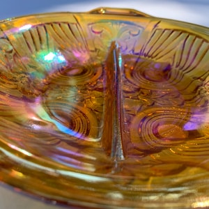 Vintage Marigold Carnival Glass Relish Dish: Killarney Pattern Candy Bowl