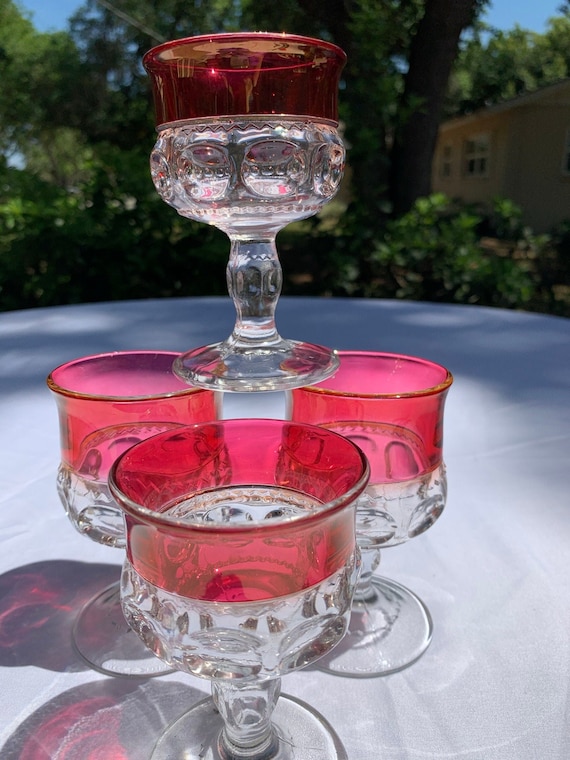 Set of 4 Wine Glasses, Kings Crown or Thumbprint Pattern, Ruby Flashed,  Vintage Colony Glass, Indiana Glass 