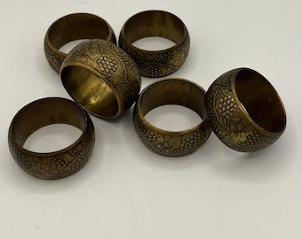 Vintage Brass Embossed Grape Leaf Napkin Rings, Set of 6