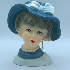Vintage Lady Head Vase: 6&quot; Doris Day Blue Floppy Hat, Collectible
