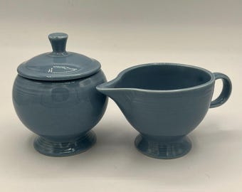 Vintage Fiestaware Sugar Bowl & Ring Handled Creamer Set in Blue Glaze | Circa 1939-1969