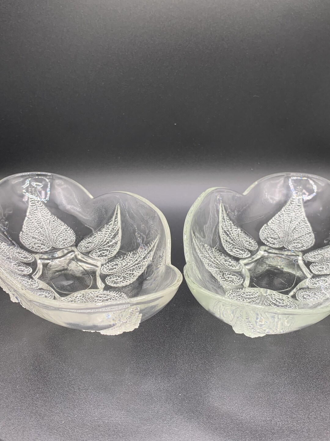 Art Deco Relish Dish Set of 2 Clear Glass With Raised Art Deco Leaves