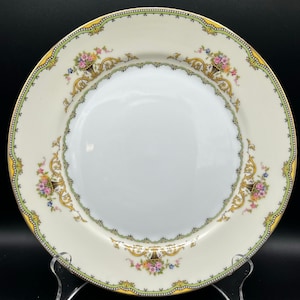 Vintage Noritake Amorosa Dinner Plate: Fine China with Gold, Green, and Pink Floral Trim