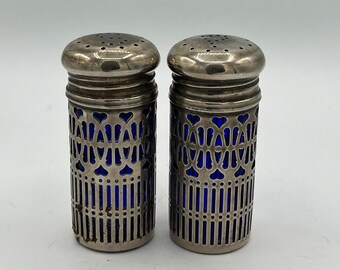 Vintage Cobalt Blue Glass Salt and Pepper Shaker in Sterling Cases - Large Size - Depression Era Glass - So Fantastic!