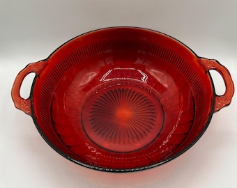 Vintage Anchor Hocking Ruby Red Glass Handled Bowl: Centerpiece
