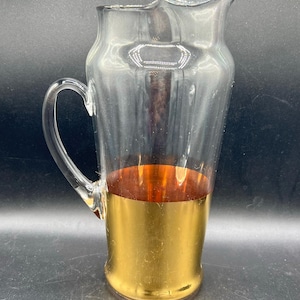 Vintage Glass Bar Pitcher: Art Deco Gold Trim, Mid Century Modern Barware