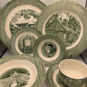 Royal USA "Old Curiosity Shop" Green Dinnerware: Kitsch Plate, Bowl, Cup (Sold Separately)