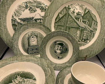 Royal USA "Old Curiosity Shop" Green Dinnerware: Kitsch Plate, Bowl, Cup (Sold Separately)