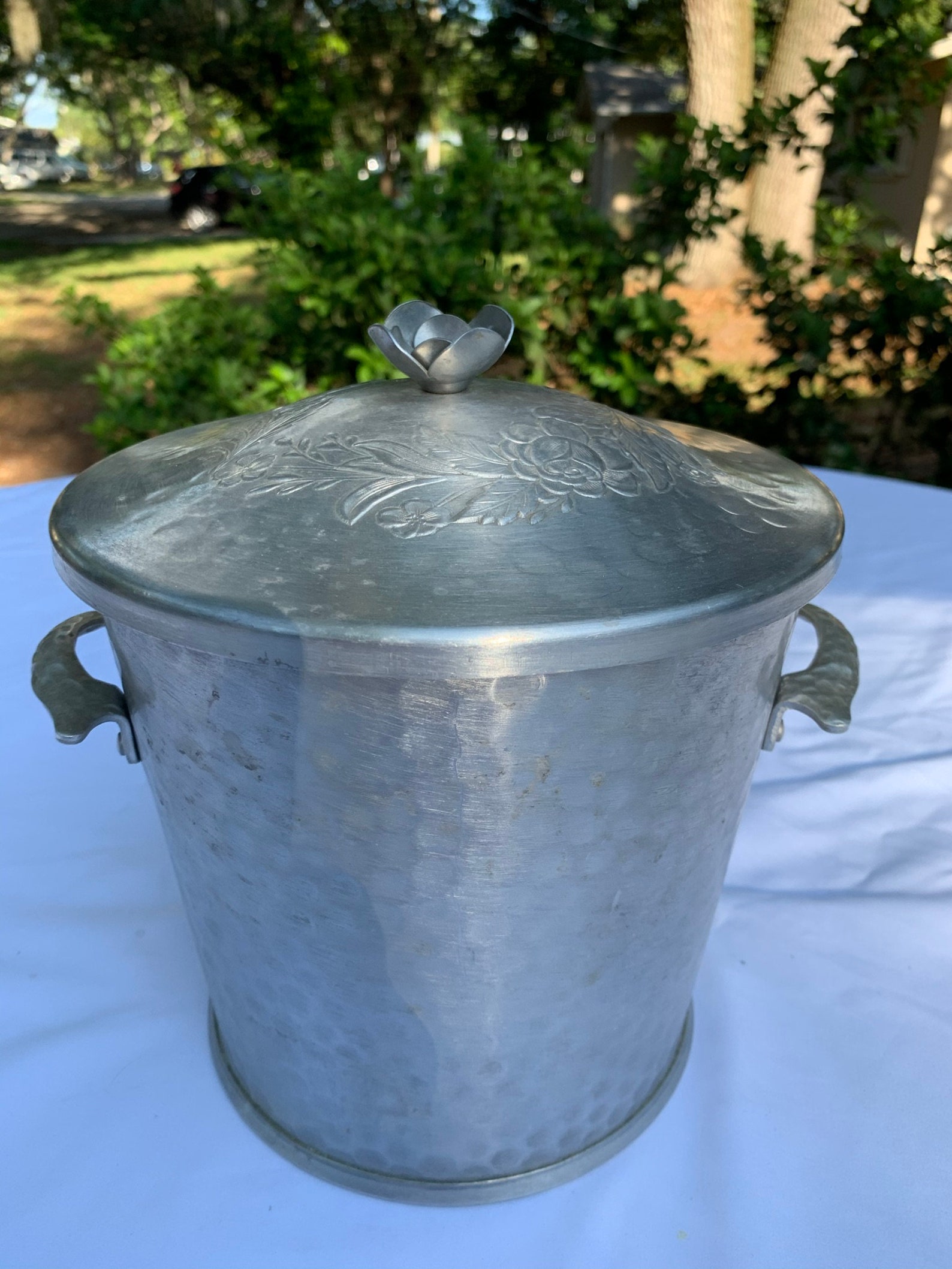 Vintage Hammered Aluminum Ice Bucket Flower Handle Very Etsy