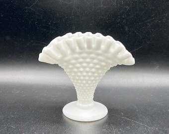 Vintage Anchor Hocking White Milk Glass Hobnail Fan Vase with Ruffled Edge