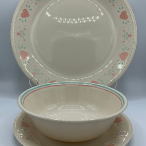 Vintage Corelle Forever Yours Dishes: Pink Hearts, Beige Background