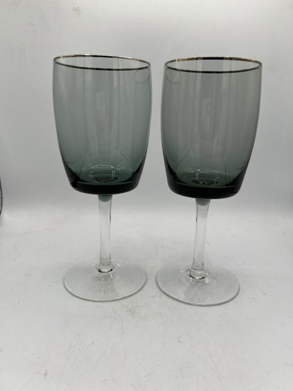 Set of 2 Small Square Wine Glasses Grey Bowl / Clear Stem / Platinum Rim  Very Beautiful 