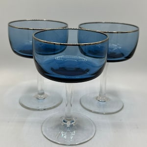 Vintage Blue Sherbet Glasses: Platinum Rim Champagne Coupes, Set of 3