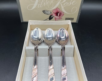 Vintage set of Viners Silver Rose Coffee Spoons - 6 Inches Very Special! = NIB