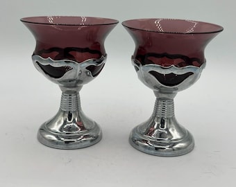 Art-Deco-Farber Bros Amethystglas-Cocktailbecher-Chromhalter - 2er-Set