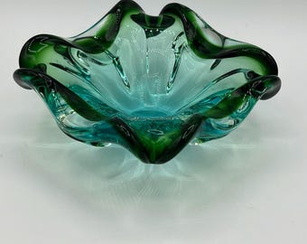 Vintage Mid Century Modernist Murano Art Glass Emerald Green Aqua Blue Sommerso Freeform Abstract Decorative Bowl / Ashtray