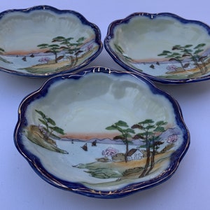 3 Small Japanese Bowls - Hand Painted - Marked Nippon - Scalloped Edge - Gold Trim