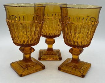 Amber Indiana Glass Mount Vernon Footed Drinking Glasses 1968-1987 USA - Set of 3