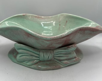 Vintage California Pottery Basket: Turquoise Ceramic Bow Decor