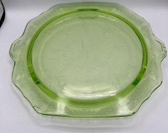 Vintage Pressed Green Glass Platter: Etched Square Footed Tray
