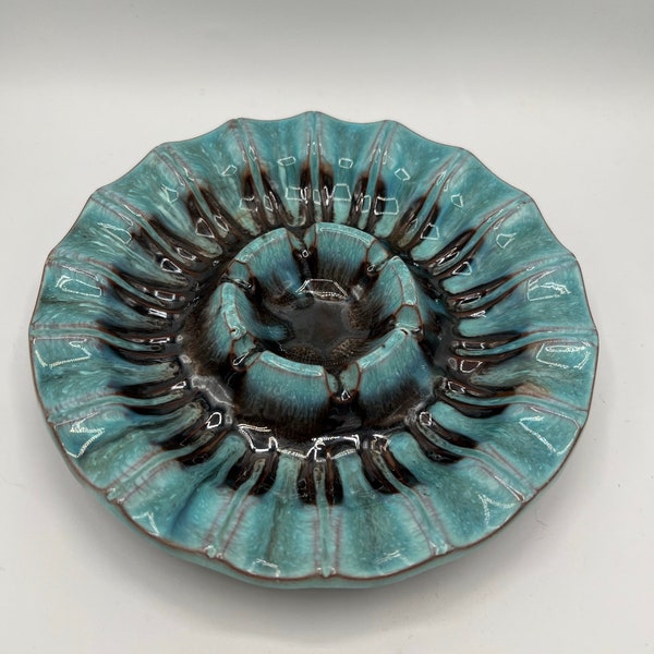 Fantastic Round Mid Century Drip Glaze Ashtray - Teal and Brown Glaze - Great Color and Design!!  Perfect Condition!!