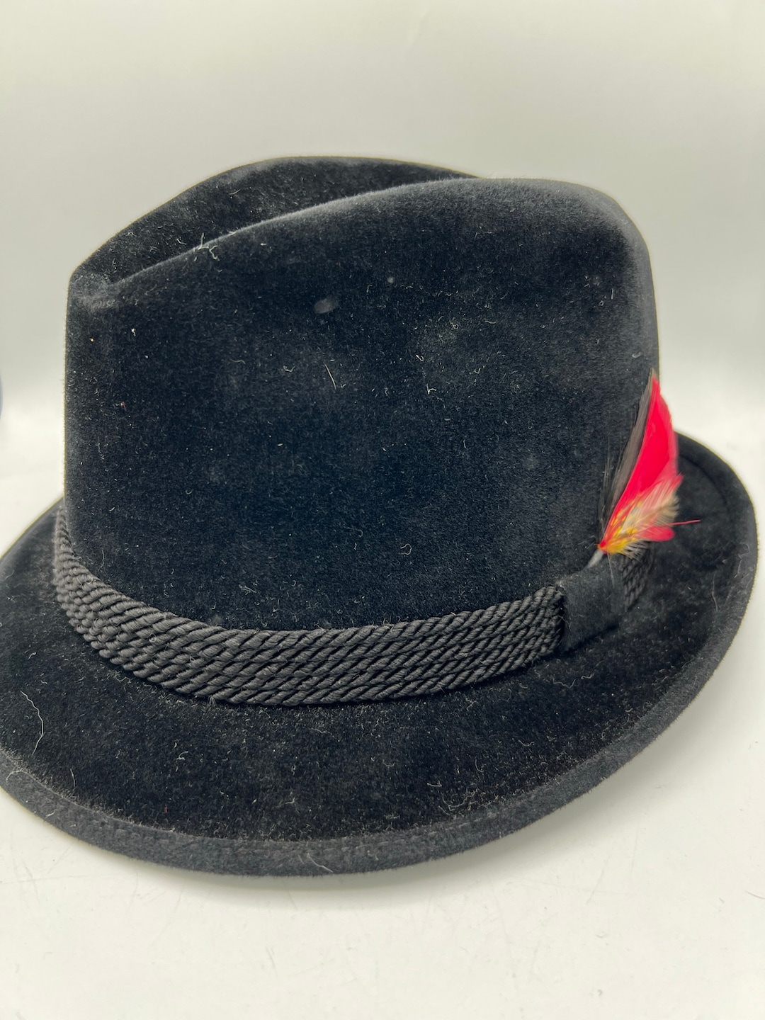 Vintage Black Velvet Fedora Hat: Corded Trim, Pink Feather, Size 7