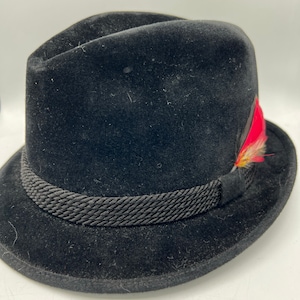 Vintage Black Velvet Fedora Hat: Corded Trim, Pink Feather, Size 7 1/4
