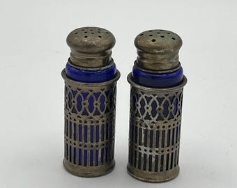 Vintage Cobalt Blue Glass Salt and Pepper Shaker in Sterling Cases - Depression Era Glass - So Fantastic!