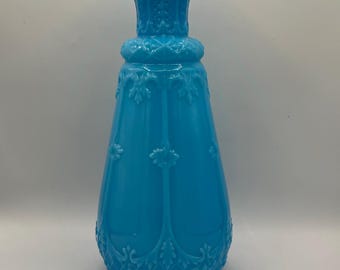 Antique Blue Opaline Milk Glass Decanter 10" Tall - Raised Design - 1940s