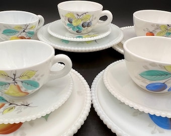 Vintage Westmoreland Milk Glass Beaded Edge Fruit Tea Set - Five Place Settings