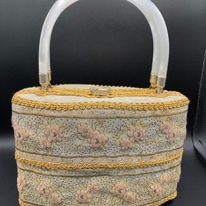 Vintage Basket Purse: Pink Floral, Pearl Lucite Handle, Gold Trim